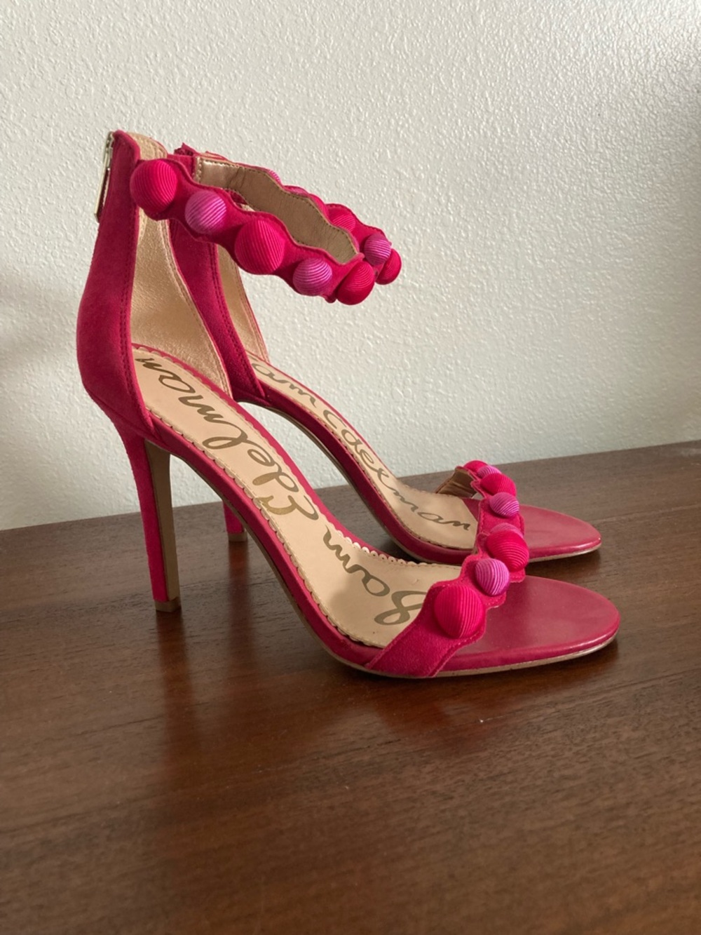 Sam Edelman Addison Leather Pom Pom Hot Pink Heels - Picture 2 of 7